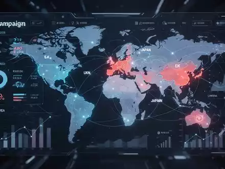 A digital interface showing advertising data and a world map with the UK, Japan, and South Korea highlighted, symbolizing global ad expansion. - Foto: über boerse-global.de