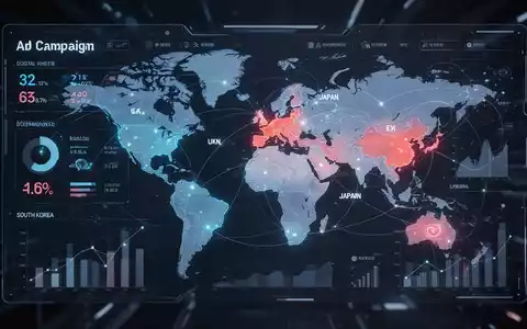 A digital interface showing advertising data and a world map with the UK, Japan, and South Korea highlighted, symbolizing global ad expansion. - Foto: über boerse-global.de