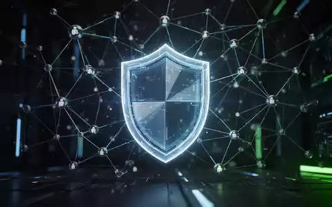 Ein stilisiertes, leuchtendes Schildsymbol über einem Netzwerk digitaler Knoten und Linien, das Sicherheit und Konnektivität darstellt. - Foto: über boerse-global.de