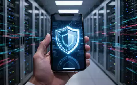 Ein Smartphone mit einem leuchtenden digitalen Sicherheitsschild auf dem Bildschirm, gehalten in einer Serverraumumgebung. - Foto: über boerse-global.de