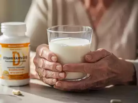 Ältere Frau hält ein Glas Milch, im Hintergrund eine Flasche Vitamin-D-Nahrungsergänzungsmittel, die Prävention und Gesundheit symbolisiert. - Foto: über boerse-global.de