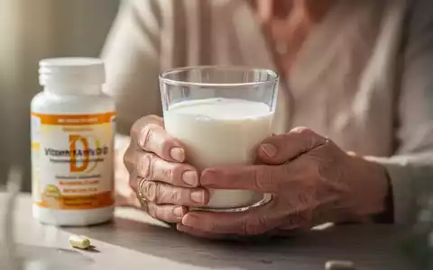 Ältere Frau hält ein Glas Milch, im Hintergrund eine Flasche Vitamin-D-Nahrungsergänzungsmittel, die Prävention und Gesundheit symbolisiert. - Foto: über boerse-global.de