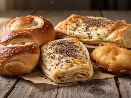Nahaufnahme von traditionellem europäischem Fastengebäck: goldbraune Fastenbeugl, eine mit Kümmel bestreute Basler Fastenwähe und frittierte Muzen. - Foto: über boerse-global.de