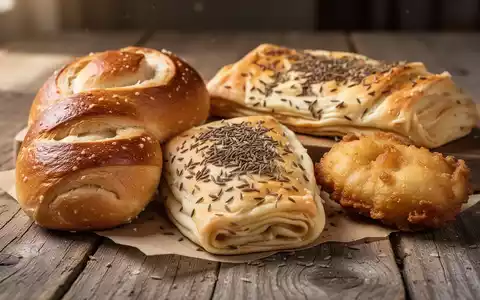 Nahaufnahme von traditionellem europäischem Fastengebäck: goldbraune Fastenbeugl, eine mit Kümmel bestreute Basler Fastenwähe und frittierte Muzen. - Foto: über boerse-global.de