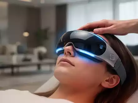 Eine Hand platziert ein modernes Augenmassagegerät auf einem Gesicht, das Wärme und Kühlung kombiniert. - Foto: über boerse-global.de