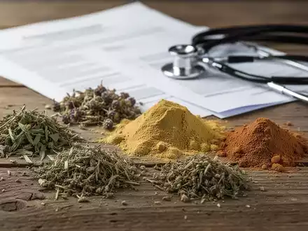 Getrocknete Kräuter und Pulver auf einem Holztisch, im Hintergrund unscharf medizinische Dokumente und ein Stethoskop. - Foto: über boerse-global.de