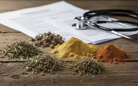 Getrocknete Kräuter und Pulver auf einem Holztisch, im Hintergrund unscharf medizinische Dokumente und ein Stethoskop. - Foto: über boerse-global.de