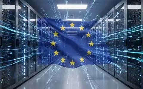 A futuristic server room with glowing blue data streams and a subtle holographic EU flag, symbolizing AI regulation. - Foto: über boerse-global.de