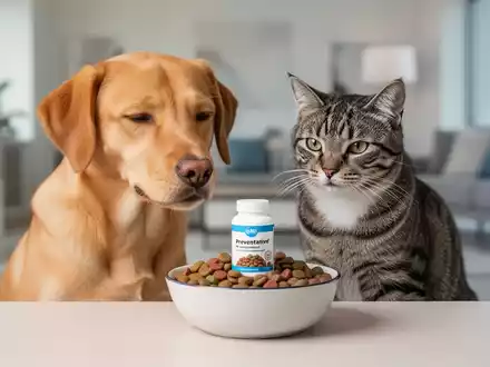 Ein gesunder Hund und eine Katze schauen zufrieden auf eine Schale mit Futter, das Nahrungsergänzungsmittel enthält, in einem sauberen Zuhause. - Foto: über boerse-global.de