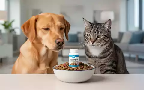 Ein gesunder Hund und eine Katze schauen zufrieden auf eine Schale mit Futter, das Nahrungsergänzungsmittel enthält, in einem sauberen Zuhause. - Foto: über boerse-global.de