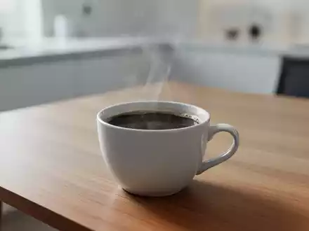 Eine Nahaufnahme einer dampfenden Tasse schwarzen Kaffees auf einem Holztisch, mit unscharfem Hintergrund. - Foto: über boerse-global.de