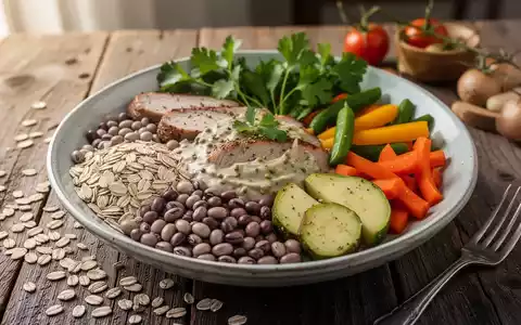 Eine Nahaufnahme einer gesunden Mahlzeit mit Haferflocken, Hülsenfrüchten, Gemüse und Proteinen auf einem Holztisch, Fokus auf Nährstoffdichte. - Foto: über boerse-global.de