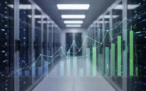 Abstrakte digitale Diagramme und Grafiken in kühlen Blau- und Grüntönen, überlagert auf einem unscharfen Hintergrund eines Rechenzentrums. - Foto: über boerse-global.de