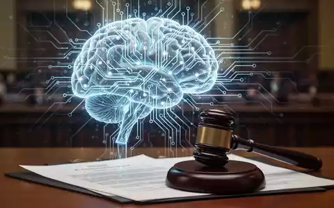 A glowing neural network brain with circuits, a gavel on legal documents, and a blurred courtroom background, symbolizing AI regulation. - Foto: über boerse-global.de