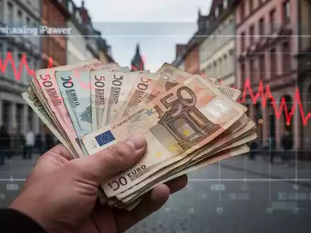 Eine Hand hält einen Stapel Euro-Banknoten, im Hintergrund eine verschwommene deutsche Stadtstraße und ein Diagramm mit sinkender Kaufkraft. - Foto: über boerse-global.de