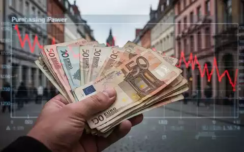 Eine Hand hält einen Stapel Euro-Banknoten, im Hintergrund eine verschwommene deutsche Stadtstraße und ein Diagramm mit sinkender Kaufkraft. - Foto: über boerse-global.de