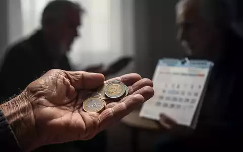 Eine Nahaufnahme einer älteren, faltigen Hand, die ein paar Euro-Münzen hält, mit einer verschwommenen Silhouette im Hintergrund. - Foto: über boerse-global.de