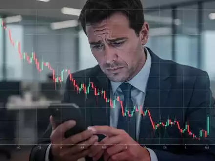 Ein fallender Börsenchart mit einem besorgt auf sein Smartphone blickenden Investor, der ein 52-Wochen-Tief darstellt. - Foto: über boerse-global.de