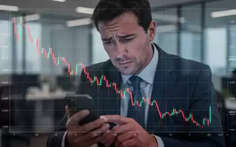 Ein fallender Börsenchart mit einem besorgt auf sein Smartphone blickenden Investor, der ein 52-Wochen-Tief darstellt. - Foto: über boerse-global.de