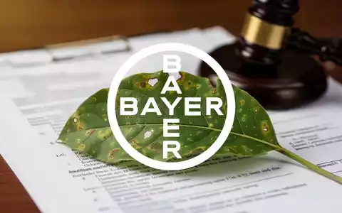 Nahaufnahme eines grünen Blattes mit unscharfem Gerichtsdokument oder Richterhammer im Hintergrund, symbolisiert Glyphosat-Rechtsstreit. - Foto: über boerse-global.de