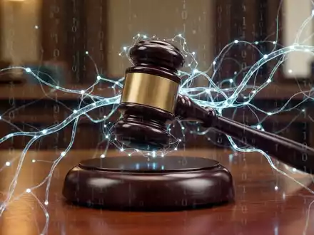 A digital gavel striking a block, overlaid with binary code and neural network lines, representing AI content liability in German law. - Foto: über boerse-global.de