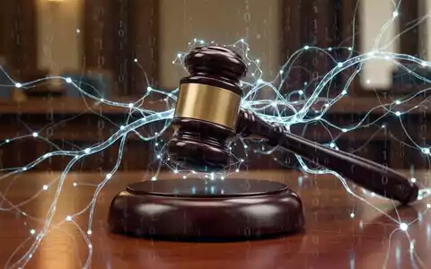 A digital gavel striking a block, overlaid with binary code and neural network lines, representing AI content liability in German law. - Foto: über boerse-global.de