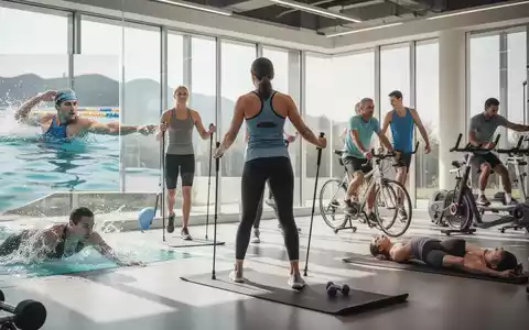 Eine Gruppe von Menschen, die verschiedene rückenfreundliche Sportarten wie Schwimmen, Nordic Walking und Radfahren ausüben. - Foto: über boerse-global.de