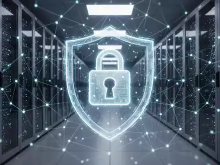 Ein stilisiertes, leuchtendes digitales Vorhängeschloss oder Schildsymbol über einem futuristischen, sicheren Rechenzentrum mit Server-Racks. - Foto: über boerse-global.de