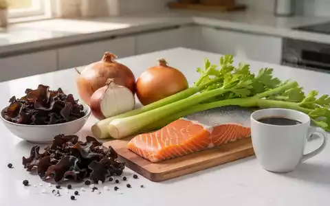 Eine Anordnung von gesunden Lebensmitteln, darunter schwarzer Pilz, Zwiebeln, Sellerie, Lachs und eine Tasse schwarzer Kaffee. - Foto: über boerse-global.de