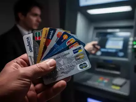 Nahaufnahme einer Hand, die gestohlene Bankkarten hält, mit verschwommenem Hintergrund einer Person an einem Geldautomaten. - Foto: über boerse-global.de