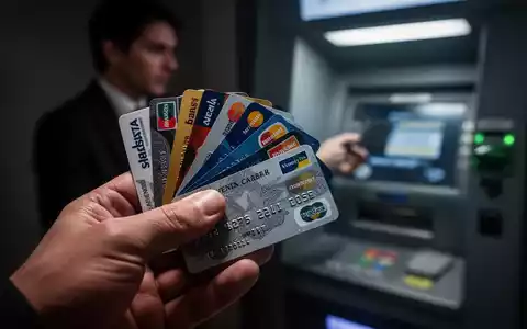 Nahaufnahme einer Hand, die gestohlene Bankkarten hält, mit verschwommenem Hintergrund einer Person an einem Geldautomaten. - Foto: über boerse-global.de