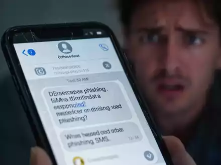 Nahaufnahme eines Smartphones mit einer betrügerischen Phishing-SMS, im Hintergrund eine besorgte Person. Fokus auf Cybersicherheit und Betrug. - Foto: über boerse-global.de