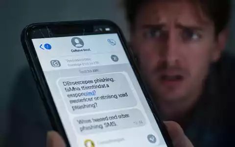 Nahaufnahme eines Smartphones mit einer betrügerischen Phishing-SMS, im Hintergrund eine besorgte Person. Fokus auf Cybersicherheit und Betrug. - Foto: über boerse-global.de