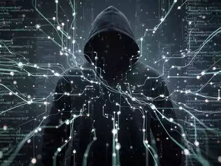 Abstract digital network with glowing data streams, code, and a subtle hacker silhouette in the background, symbolizing a zero-day threat. - Foto: über boerse-global.de