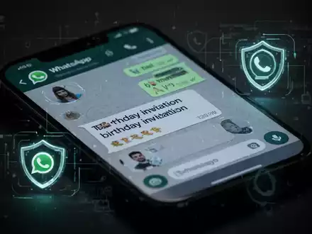 A close-up of a smartphone displaying a fake WhatsApp birthday invitation, surrounded by cybersecurity symbols, illustrating online fraud. - Foto: über boerse-global.de