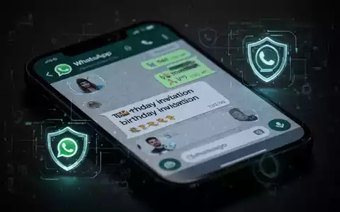 A close-up of a smartphone displaying a fake WhatsApp birthday invitation, surrounded by cybersecurity symbols, illustrating online fraud. - Foto: über boerse-global.de