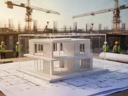 Ein detaillierter Bauplan überlagert ein transparentes 3D-Modell eines modernen Gebäudes, mit einer Baustelle im Hintergrund. - Foto: über boerse-global.de