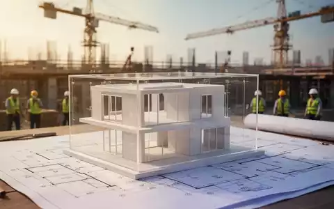 Ein detaillierter Bauplan überlagert ein transparentes 3D-Modell eines modernen Gebäudes, mit einer Baustelle im Hintergrund. - Foto: über boerse-global.de