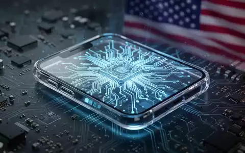 A futuristic transparent smartphone revealing a glowing microchip, with blurred circuit boards and a subtle American flag in the background. - Foto: über boerse-global.de