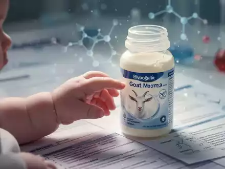 Babyhand berührt eine Flasche Ziegenmilch-Säuglingsnahrung, im Hintergrund unscharfe Forschungsdokumente. - Foto: über boerse-global.de
