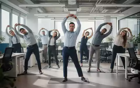 Diverse Büroangestellte nehmen an einer präventiven Sportübung im Büro teil, um Gesundheit und Wohlbefinden zu fördern. - Foto: über boerse-global.de