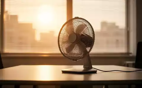 Ein ausgeschalteter Ventilator steht auf einem leeren Bürotisch vor einem verschwommenen Fenster mit heruntergelassenen Jalousien. - Foto: über boerse-global.de