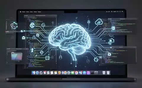 A glowing AI brain icon overlaid on a macOS desktop, with lines of code and automation symbols connecting to app windows, symbolizing AI control. - Foto: über boerse-global.de