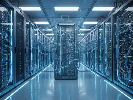 A futuristic server room with glowing blue light and sleek supercomputers, symbolizing India's advanced AI infrastructure and growth. - Foto: über boerse-global.de
