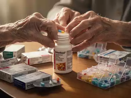 Ältere Hände haben Schwierigkeiten, eine Medikamentenflasche zu öffnen, umgeben von Pillenpackungen und einem Medikamentenplan auf einem Tisch. - Foto: über boerse-global.de