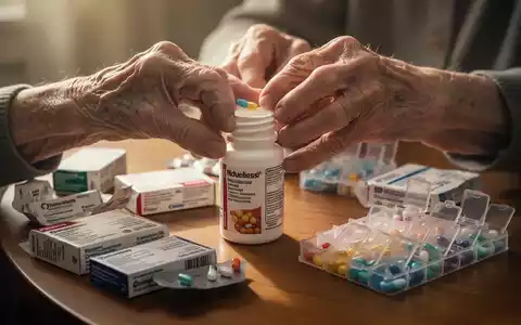 Ältere Hände haben Schwierigkeiten, eine Medikamentenflasche zu öffnen, umgeben von Pillenpackungen und einem Medikamentenplan auf einem Tisch. - Foto: über boerse-global.de