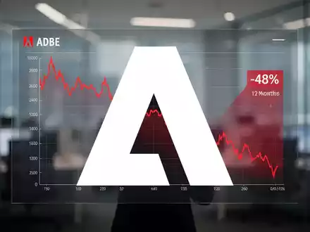 Adobe-Aktienkurs-Diagramm zeigt einen Rückgang von 48% über zwölf Monate auf einem digitalen Bildschirm. - Foto: über boerse-global.de