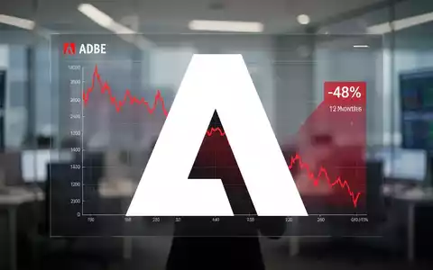 Adobe-Aktienkurs-Diagramm zeigt einen Rückgang von 48% über zwölf Monate auf einem digitalen Bildschirm. - Foto: über boerse-global.de