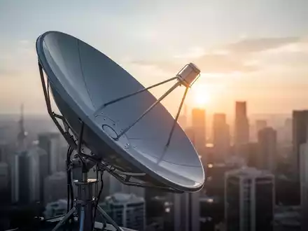 Eine moderne Satellitenschüssel zeigt zum Himmel, mit einer verschwommenen Stadtlandschaft und aufgehender Sonne im Hintergrund. - Foto: über boerse-global.de