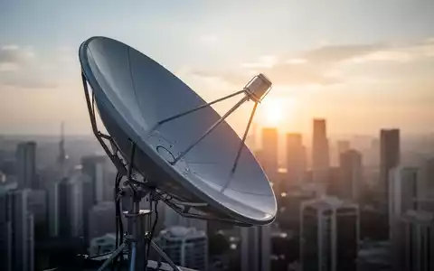 Eine moderne Satellitenschüssel zeigt zum Himmel, mit einer verschwommenen Stadtlandschaft und aufgehender Sonne im Hintergrund. - Foto: über boerse-global.de